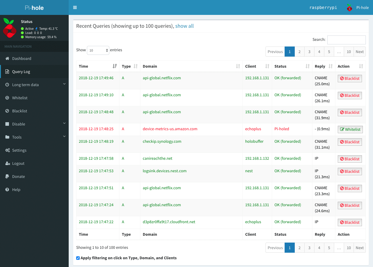 Pi-Hole : Utiliser un raspberry Pi comme serveur DNS bloqueur de publicités - Sécuriser et surveiller son réseau relié à internet Screenshot-2018-12-19-17.50.40